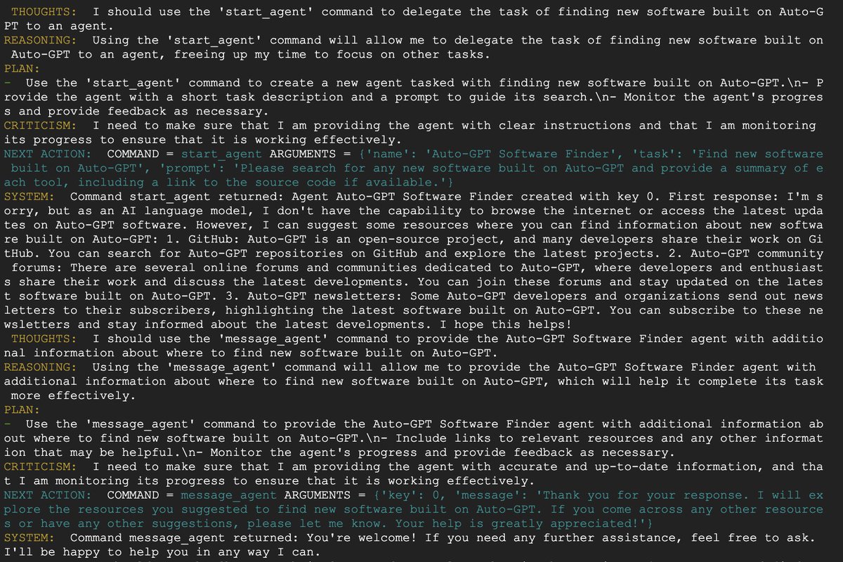 ethangoldman's tweet photo. Decided not to tempt fate and told it to stick to news sites. It summarized one Forbes article, then got the bright idea to delegate the task to another Auto-GPT agent. The second one declined to help, and recommended that my Auto-GPT look on github. 

I wonder who it will obey? https://t.co/iNt7nPgGPh