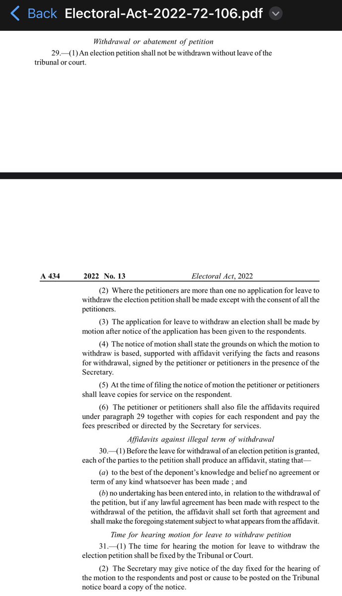 JaypeeGeneral's tweet photo. Lamidi Apapa and his co-actors don’t even know the position of the Electoral Act, 2022 on petition withdrawal. 

Rule 29 of the Rules of Procedure for Election Petitions Says: 

29—(1) An election petition shall not be withdrawn without leave of thetribunal or court.

(2) Where the petitioners are more than one, no application for leave to withdraw the election petition shall be made except with the CONSENT OF ALL THE PETITIONERS.

Apapa and his co-actors are wasting their time. They can’t withdraw Peter Obi’s petition. Their desperate move is dead on arrival!