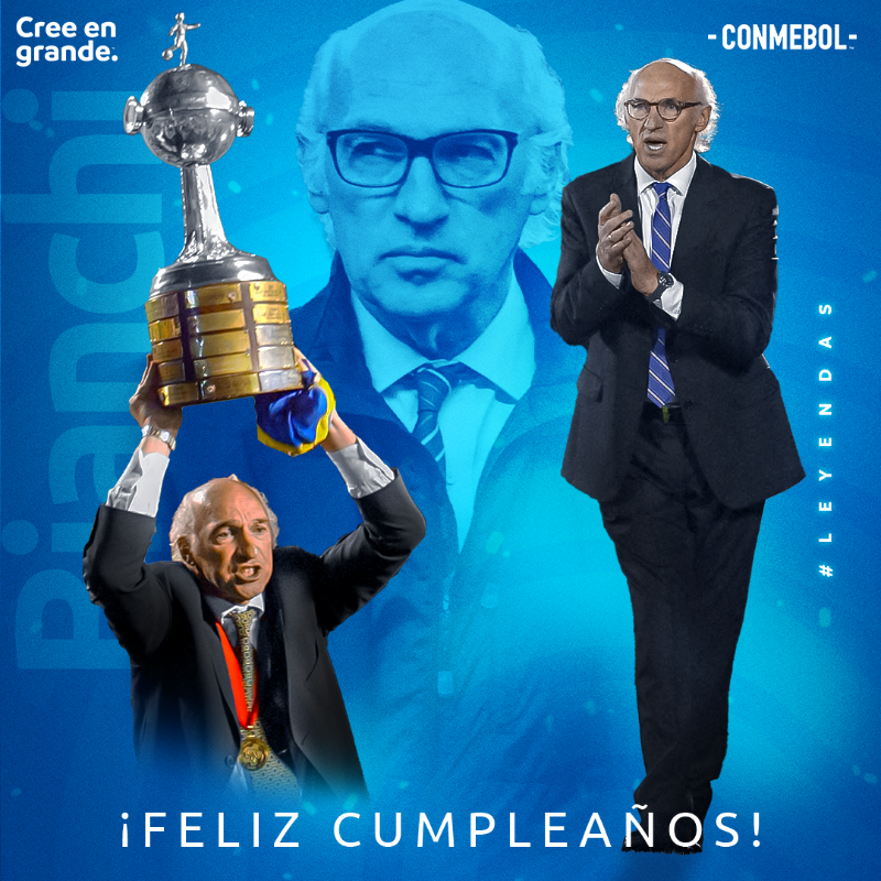 CONMEBOL's tweet photo. ¡Felices 7⃣4⃣ años al DT más ganador de la CONMEBOL @Libertadores, Carlos Bianchi!

 🏆 Como técnico, conquistó:

 ⚽️ @Libertadores 1994 con @Velez ⚪️🔵
 ⚽️ @Libertadores 2000, 2001 y 2003 con @BocaJrsOficial 🔵🟡

¡Felicidades, 'Virrey'!

#AniversarioCONMEBOL #CreeEnGrande