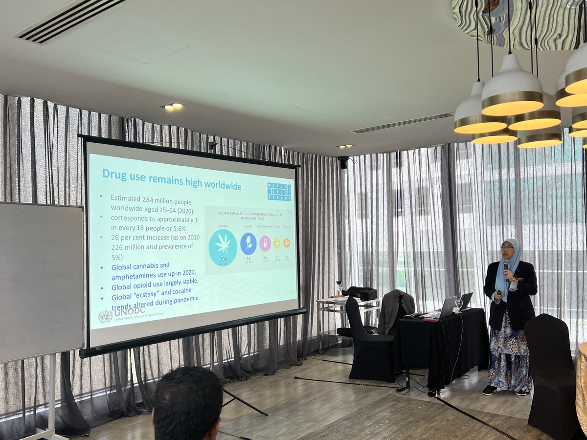 MatSouthwell's tweet photo. Dr Fazidah Binti Yuswan from #Malaysia Ministry of Health talks participants through the global and country data on stimulant use highlighting prevalence, risks and patterns of substance use disorder. @UNODC_HIV @UNAIDS @Coactteam #MACare https://t.co/TYw1XS731k