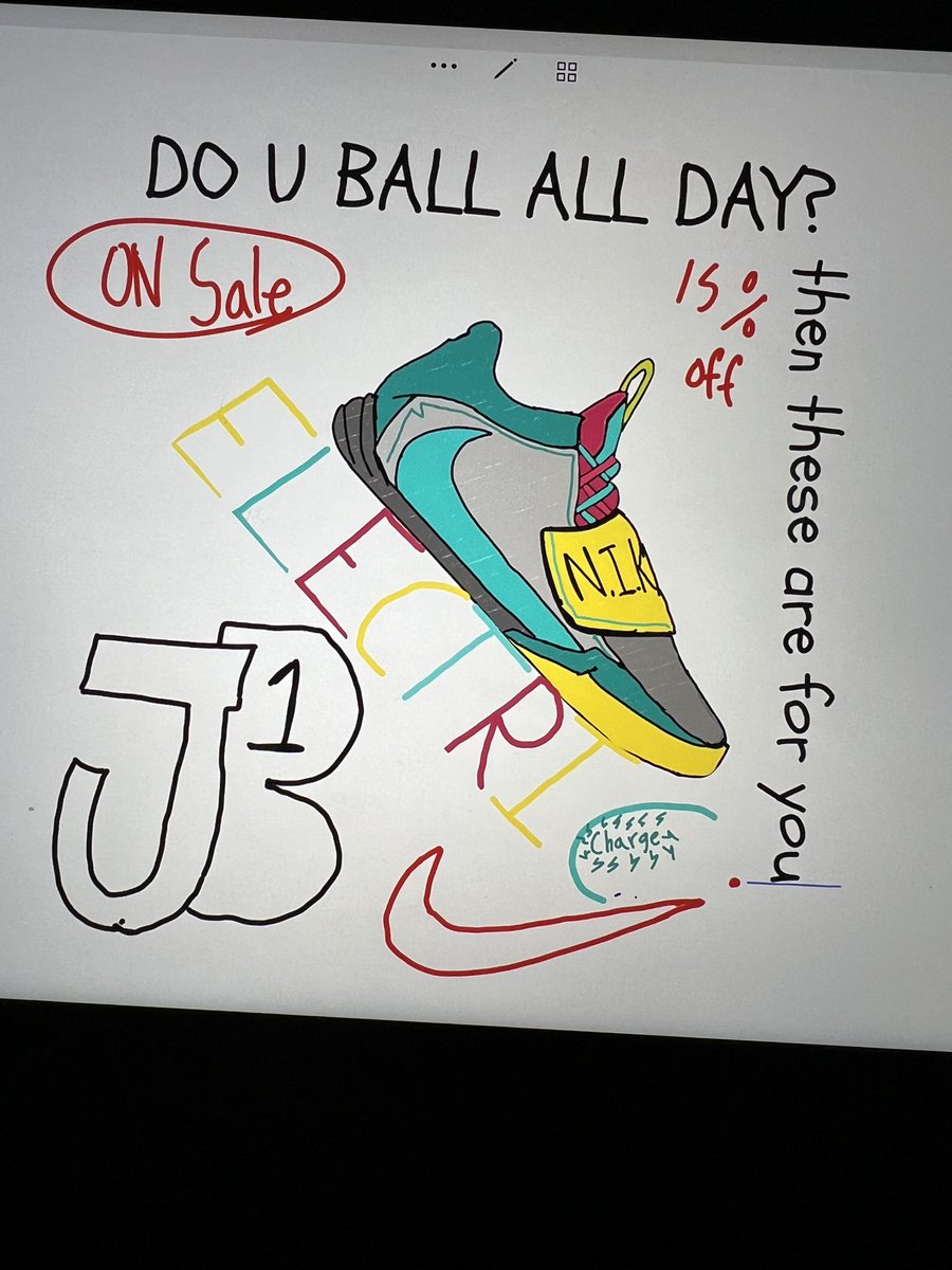 cdallen4's tweet photo. @nikestore @nikebasketball @FCHWPO  my 12 year old had to come up with a product to sell for a school assignment. He designed these shoes…the JB1 Electric Charge. #BallisLife #jaylenbrown #futureshoedesigner #nike https://t.co/P6krZ9Td4k