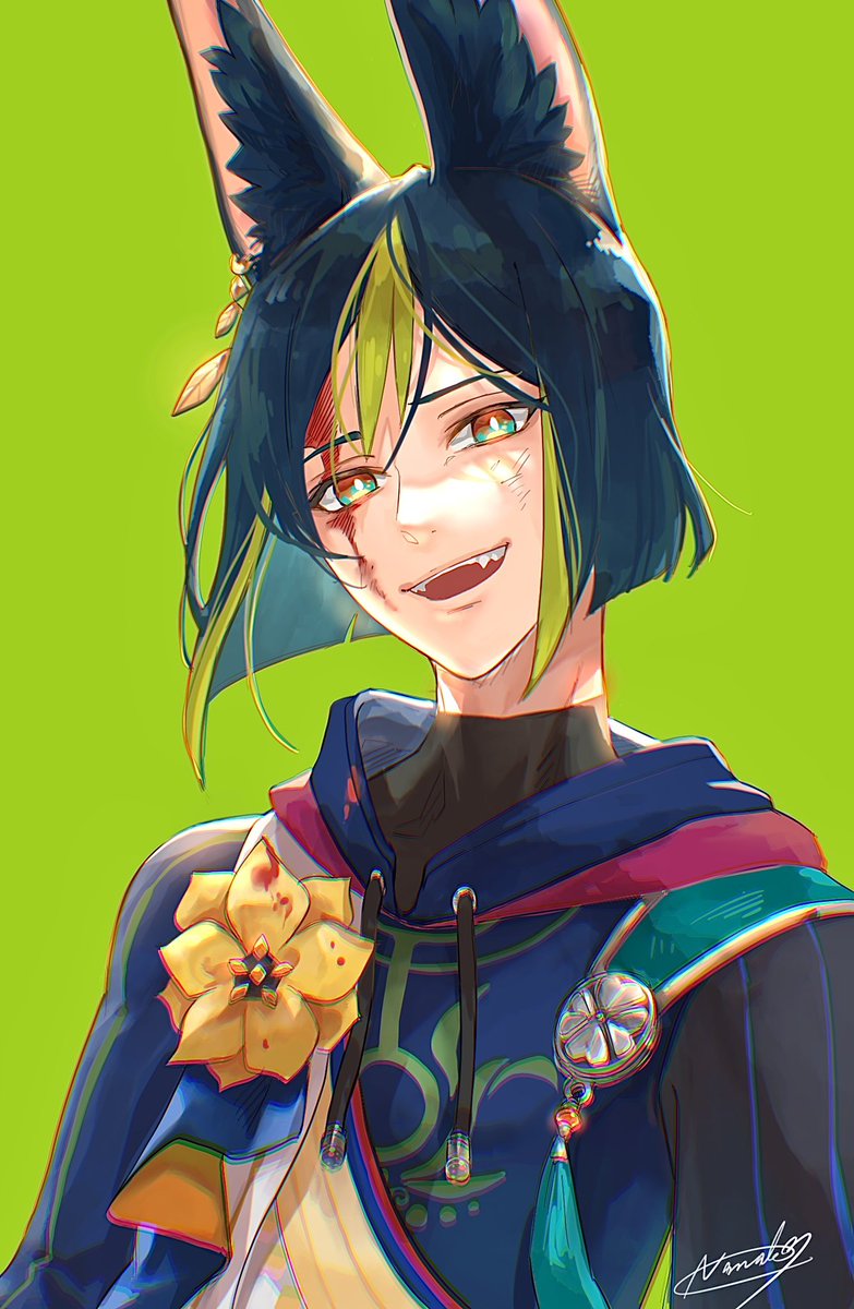 1boy male focus animal ears solo green hair flower black hair  illustration images