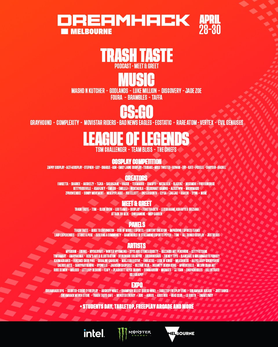 Check out this stacked line-up of content for #DHMelbourne!

Schedule is live on the website: dreamhack.com/melbourne/sche…