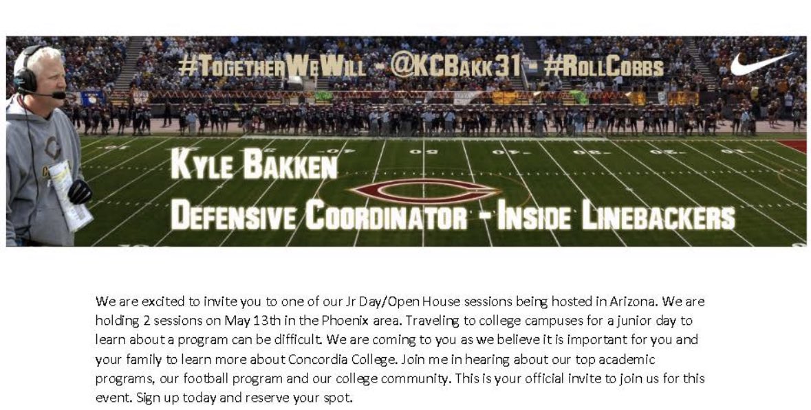 EsaiasPenn's tweet photo. Thank you @KCBakk31 for the Junior Day invite! Excited to attend on May 13th at Saguaro High school! @Cobber_Football @CoachPerrone @MyRecruits_ @_Todd_Olson @CoachComes @MtRidgeFootball @Elev8QBacademy @sweetfeettrain1 https://t.co/GO2C4XEALE