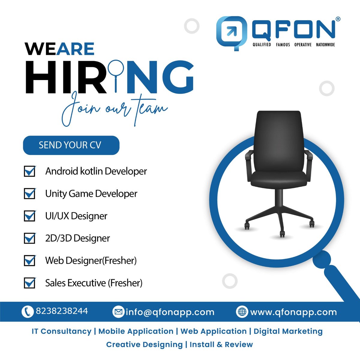 qfonapp's tweet image. We are Hiring!
APPLY NOW &amp;amp; Share with your Friends.
Send your CV &amp;amp; Contact Us more Detail:-
📲+91 8238238244,📧info@qfonapp.com
🌐qfonapp.com
#kotlindevelopers #unitydevelopers #webdesigner #salesexecutive #uidesigner #uxdesigner #jobvacancyalert #qfonapplimited