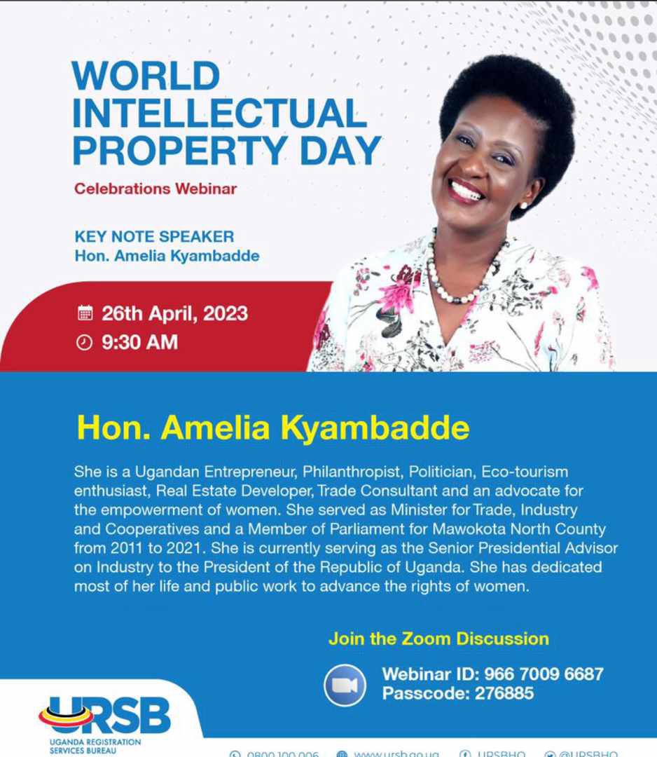 Mercykains's tweet photo. Today Uganda joins the World to celebrate World Intellectual Property Day. The theme for this year is, “Women and IP: Accelerating Innovation and Creativity.” This is a hybrid event and our key note speaker is Hon. @AKyambadde . Join us on https://t.co/hrhzNYoJY5 https://t.co/HOFKLGpWcq