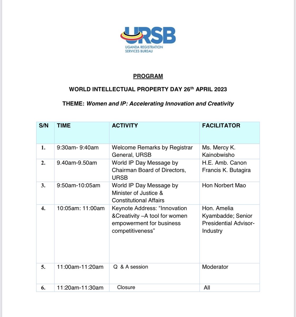 Mercykains's tweet photo. Today Uganda joins the World to celebrate World Intellectual Property Day. The theme for this year is, “Women and IP: Accelerating Innovation and Creativity.” This is a hybrid event and our key note speaker is Hon. @AKyambadde . Join us on https://t.co/hrhzNYoJY5 https://t.co/HOFKLGpWcq