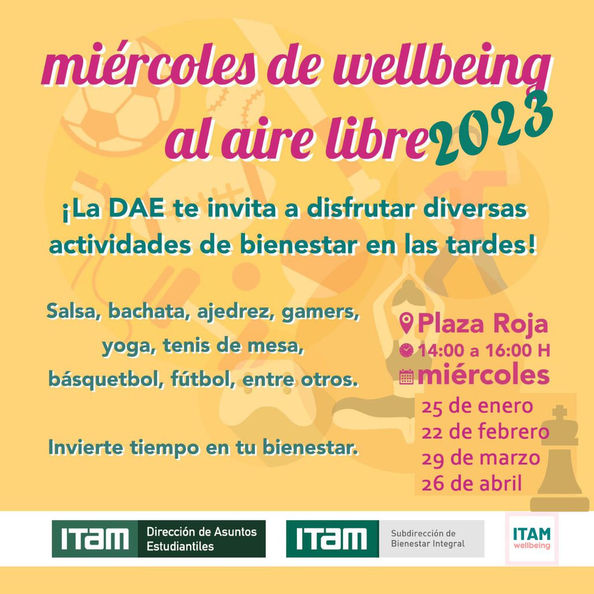 DAE_ITAM's tweet photo. #MiércolesDeWellbeing en Plaza Roja.
Súmate a 💃🕺👯♀️🧘🏀⚽️♟️🎮🏓 y continúa la emoción de las #OLIMPIADASITAM
🗓MAÑANA
⏰14-16H
📍Plaza Roja
🌳☀️ Actividades al aire libre para generar comunidad #ITAM
#DeportesITAM🐺 #ProgramaITAMwellbeing
#DAE @ITAM_mx - Bienestar Integral https://t.co/7pN21miX9u