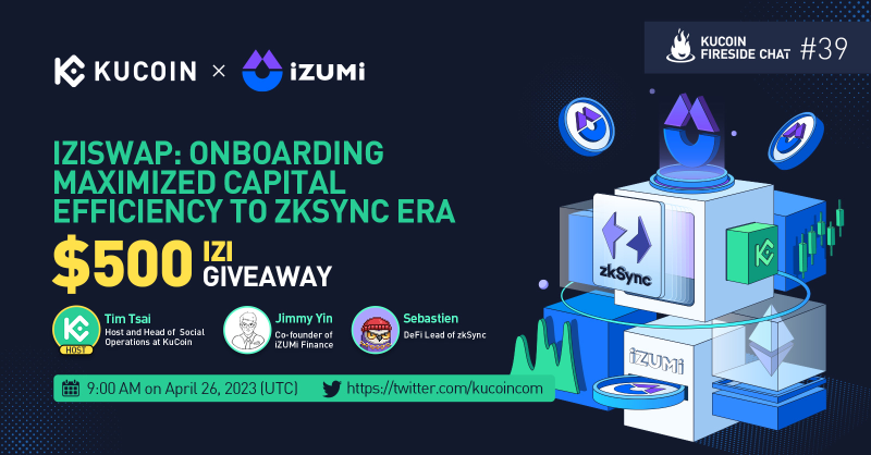 kucoincom's tweet photo. Join our upcoming #KuCoin fireside chat with @izumi_Finance to see how iZiSwap maximizes capital efficiency in the zkSync era.

🎁 $500 Giveaway (10 winners, $50 in IZI each)
1) Follow @kucoincom &amp; @izumi_Finance
2) Like, RT &amp; tag 2 friends
3) Join the space

✅Set a reminder👇