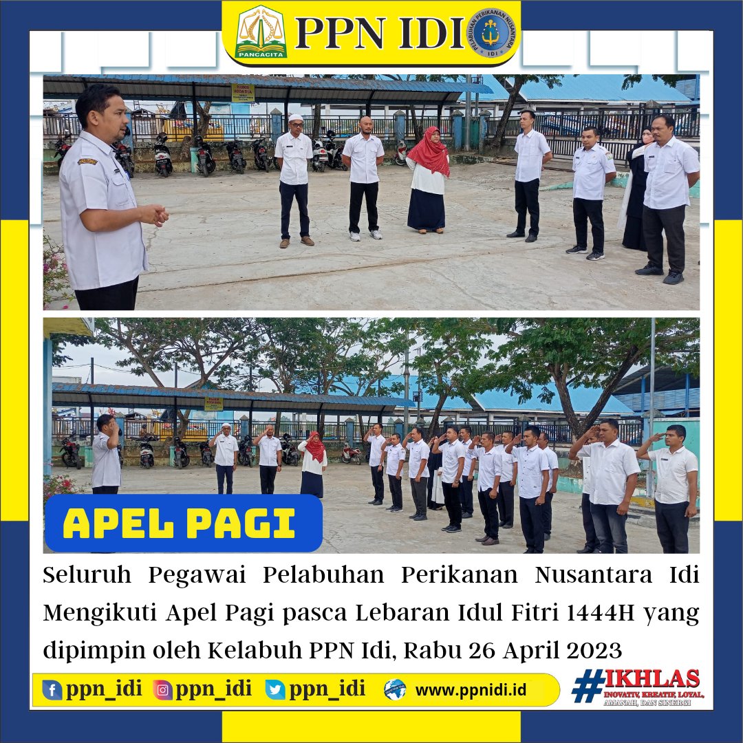 ppn_idi's tweet photo. Kepala Pelabuhan Perikanan Nusantara Idi memimpin apel yang diikuti seluruh Pegawai PPN Idi Pasca Lebaran Idul Fitri 1444 H. Rabu, 26 April 2023.
#apelpagi #kkpgoid #dkpaceh #ppnidi #asn #tekon https://t.co/h9m3CgMcZ4
