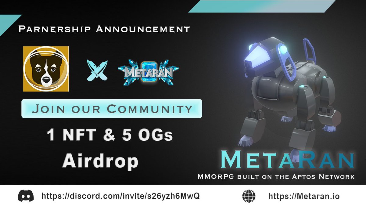 Amazing to partner with @DoglaikaCoin
 
🏆5 OG from <a href="/Meta__Ran/">MetaRan</a> &amp; 1 NFT from @DoglaikaCoin

1. Follow <a href="/Meta__Ran/">MetaRan</a> &amp; @DoglaikaCoin
2. Like &amp; Retweet
3. Tag 3 friends
4. Join: discord.gg/s26yzh6MwQ &amp; discord.gg/Zenw2VXJe5

#Aptos #Sui #NFT #DeFi #AptosLaunch #suilaunch