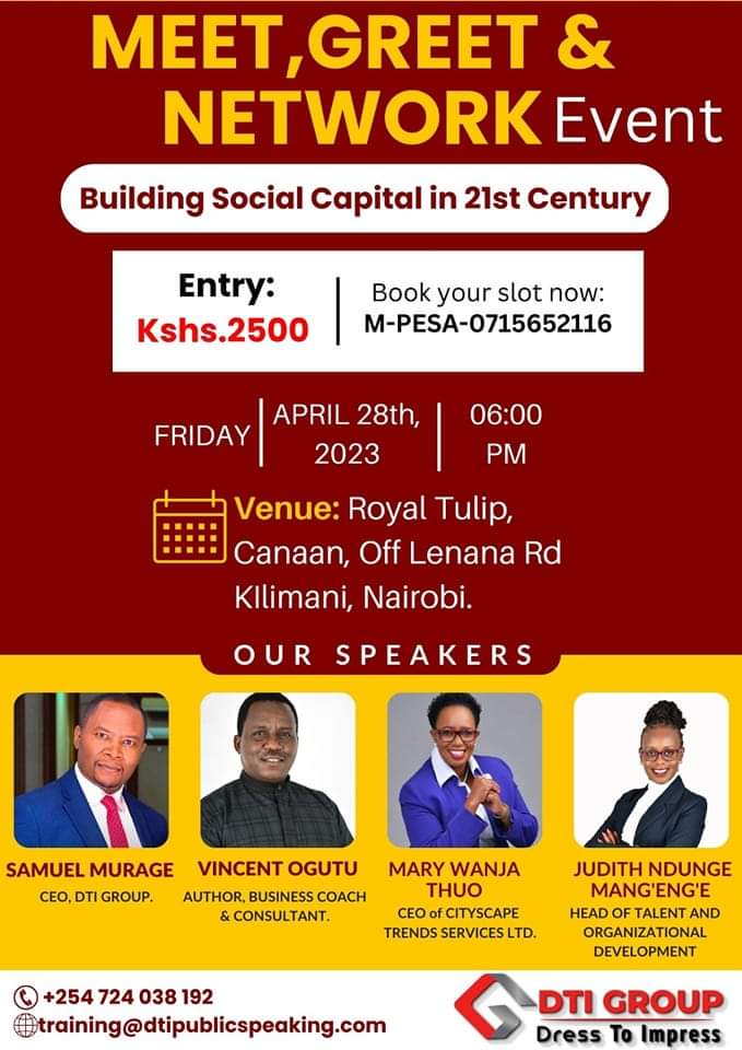 marywthuo's tweet photo. Build your social capital as it is a currency in our 21st century!!

Venue: Royal Tulip Canaan Nairobi Kilimani

Date: Friday, 28th April, 2023
Time: 6.00PM.

Book your slot today!!

#NetworkingOpportunities https://t.co/rJ7wnRchO7