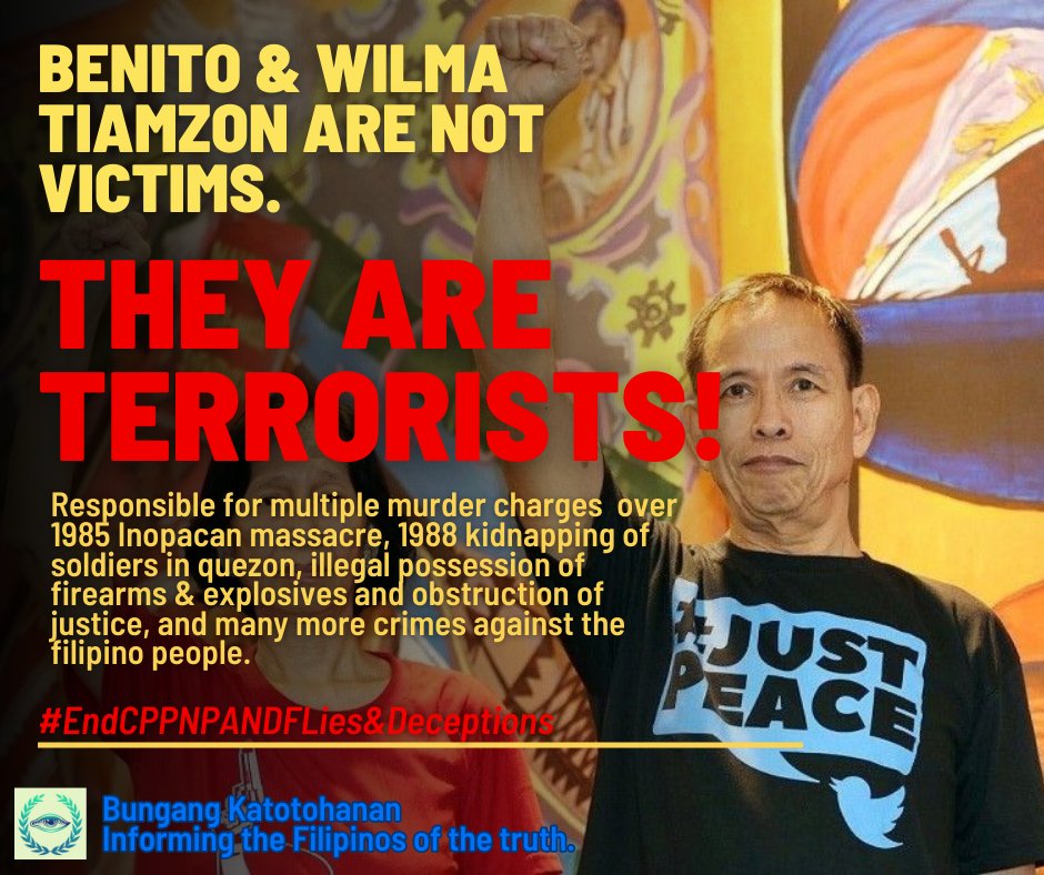 forpeace_oneph's tweet photo. Sila ang mag-asawa na lider ng CPP/NPA na may patung-patong na kaso ng pagpatay ng mga sibilyan, pulis, at sundalo!
https://t.co/szEACA6412...
-Bungang Katotohanan

#endnpa54yearsofterror
#notocppliesanddeceptions https://t.co/1HSCxWP8Zx