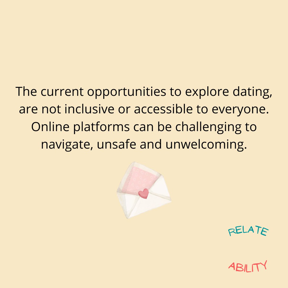 Relate_Ability_'s tweet image. There are so many barriers for people with disability to explore friendship and romance safely. We are striving to break these barriers down! We all deserve to develop friendships and experience dating safely #ndis #inclusivedating #inclusive #lgbtiqap+