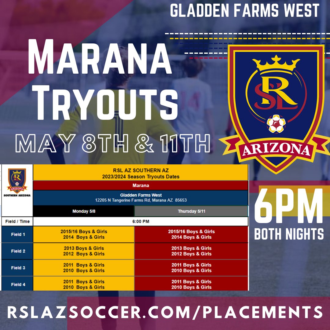 Marana, it's that time! May 8th and 11th, 6PM at Gladden Farms Park.
rslazsoccer.com/placements
Sign up online for tryouts and join over 200 athletes from Marana already playing with RSL! Come be part of Arizona's only MLS and NWSL Soccer Academy. #soccerteam #clubsoccer #rslaz