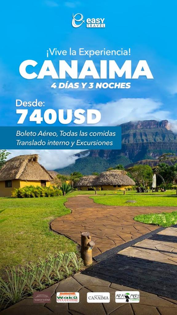 Vive la Experiencia en Canaima🍃 de Jueves a Domingo
Incluye:
✈️ Boleto aéreo. 
🚐 Traslado al campamento.
🏤 Hospedaje en cómodas habitaciones. 
🍴 Todas las comidas.
⛱️ Toldos y silla de playa.

Somos #EasyTravelVenezuela #ViajarPuedeSerFácil #Canaima #Venezuela