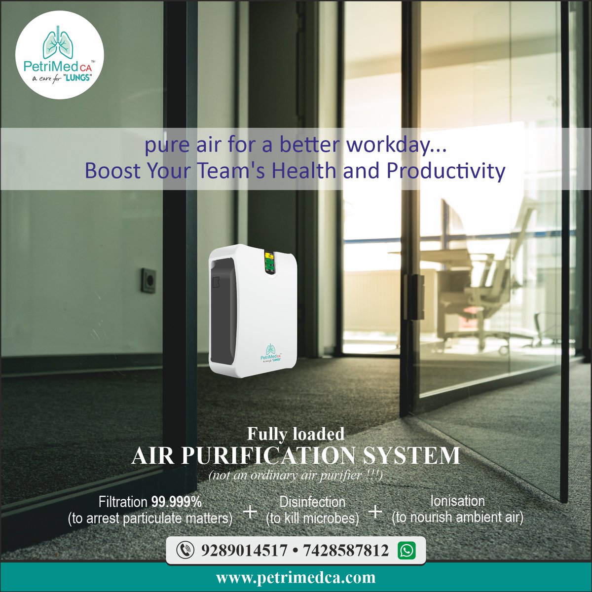 Our air purification system, engineered to filter 99.999% of pollutants, can create a healthy workplace in your office to help your employees breathe easy and work comfortably. 
#cleanair #airquality #healthylife #healthcareproducts #airpollution #indoorairpurifier