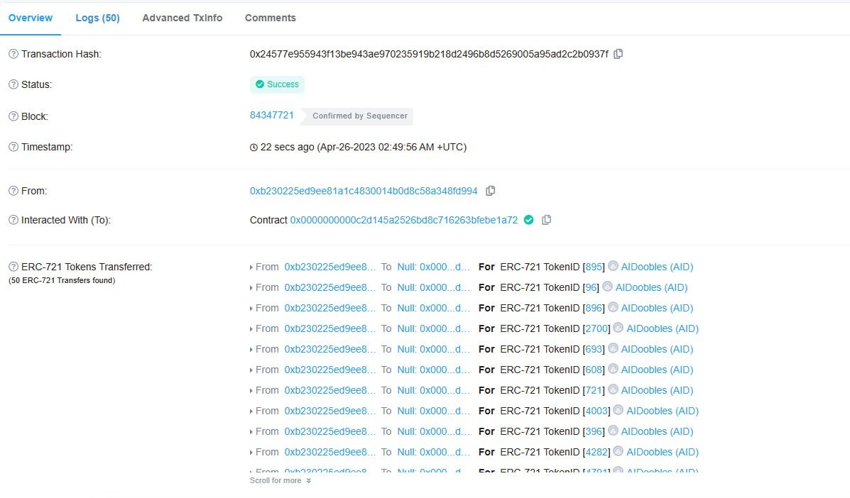 🔥🔥🔥🔥🔥🔥
We still continue to burn NFT . We just burned 100NFT
Expected to burn 200NFT today 🔥🔥🔥🔥🔥🔥

arbiscan.io//tx/0x7593f9a6…
arbiscan.io//tx/0x24577e95…

#AIDoobles #Arbitrum #freemint #airdrop #meme #ape #NFTdrops