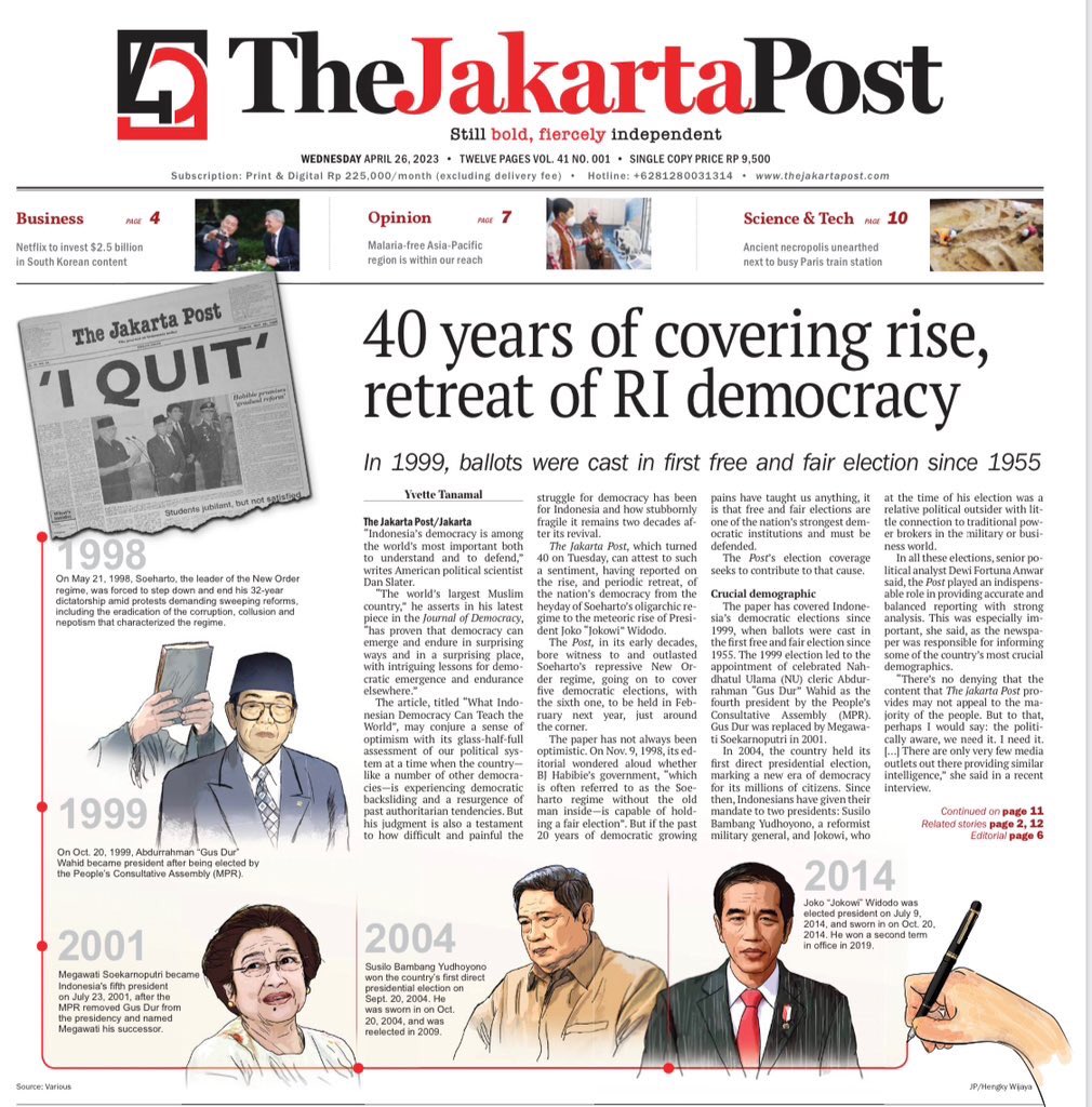 It’s <a href="/jakpost/">The Jakarta Post</a>’s 40th birthday! 🙌🏼 

Forged during Soeharto’s New Order regime, this newspaper has borne witness to the rise and retreat of Indonesia’s democracy— informing crucial demographics both domestically and abroad.

Full: thejakartapost.com/paper/2023/04/…