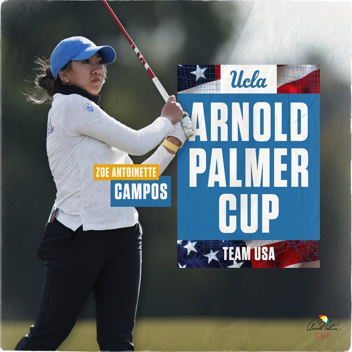 UCLAWomensGolf's tweet photo. Representing Team USA 🇺🇸 at the @ArnoldPalmerCup!

So proud of Zoe on her fantastic sophomore season! #GoBruins https://t.co/oIgkSOu7Lf