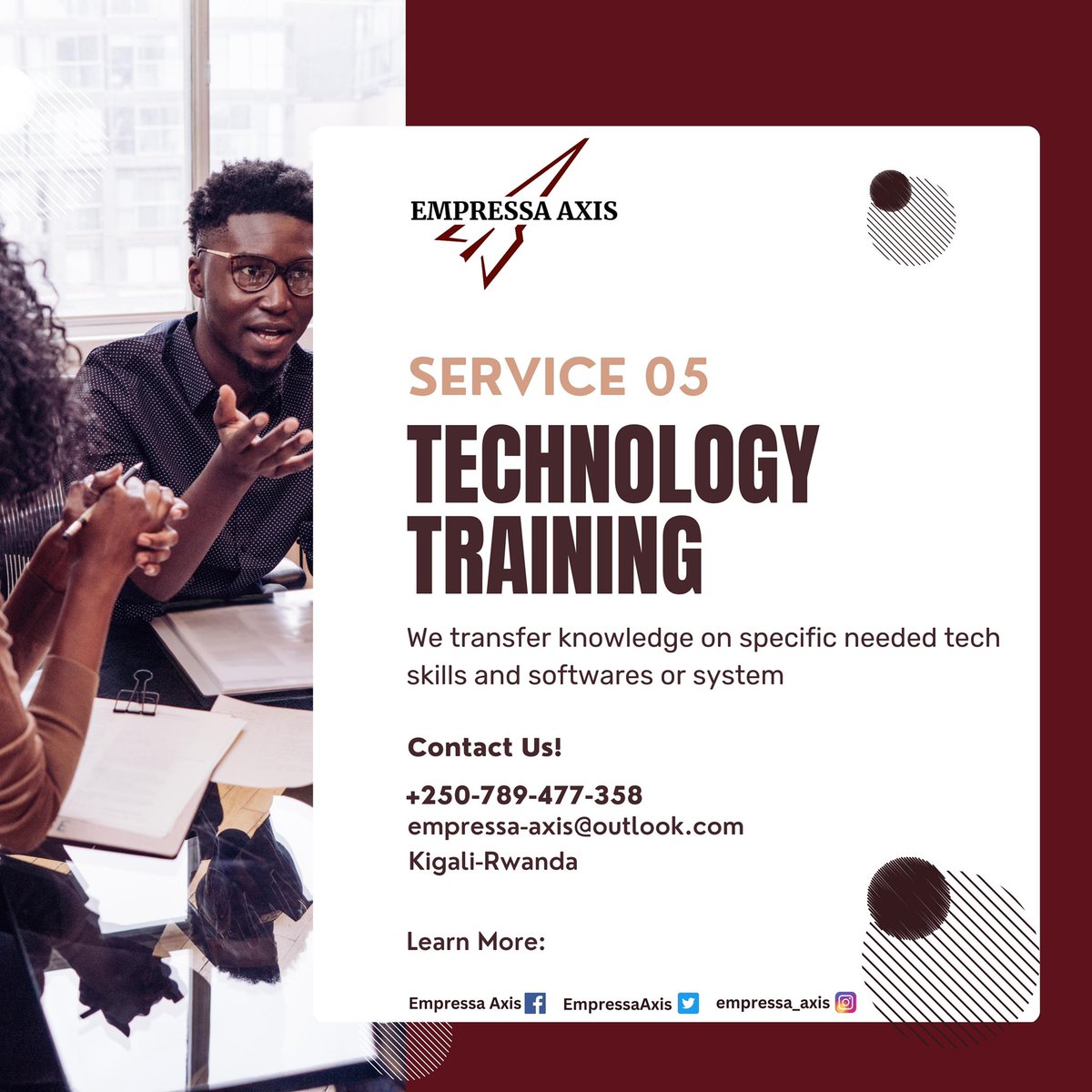 @empressa_axis We transfer knowledge on specific needed tech
skills and softwares or system. From #computerskills to advanced #softwaredevelopment and #cybersecurity 

#computerscience #computerskills #computermaintenance #softwareengineering #kigali #rwanda