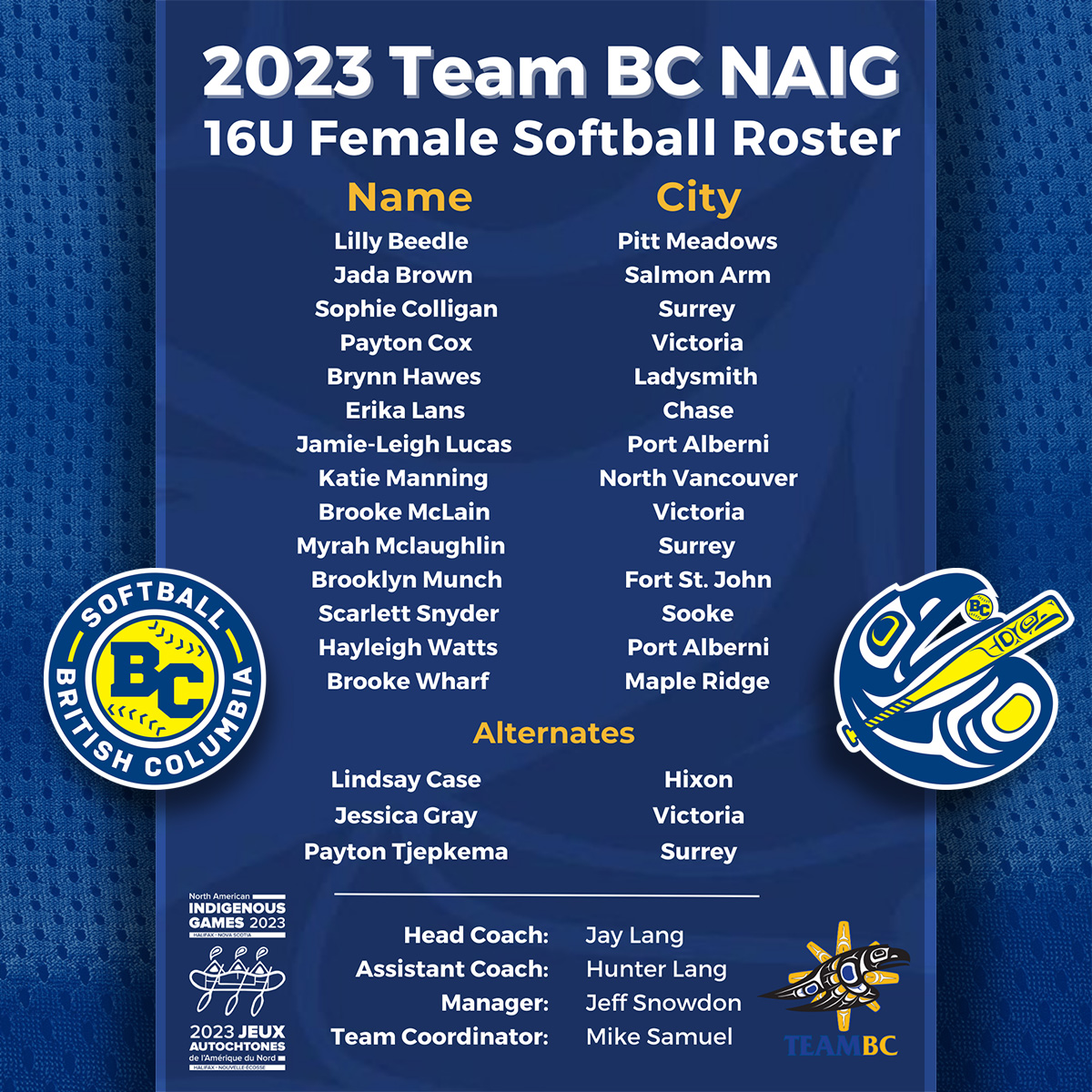 Softballbc's tweet photo. We are beyond thrilled to support the 2023 Team BC NAIG. 16U and 19U Female Softball Roster was announced earlier this month, and we CANNOT wait to watch these athletes in action!
Good luck out there! We're rooting for ALL of you! Go #TeamBCNAIG
#SoftballBC
#ISPARC https://t.co/2phmglnBWi