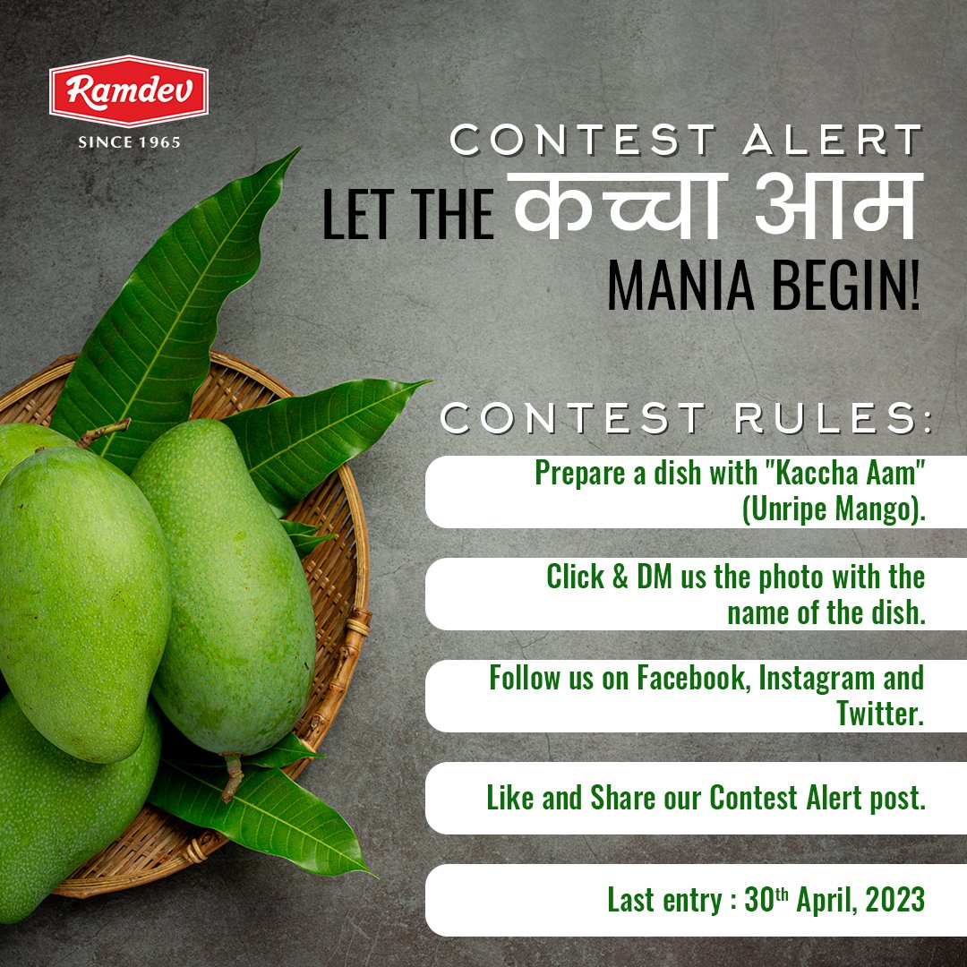 Ramdev_Food's tweet photo. Since the official MANGO SEASON is quietly crawling in, we want you to participate in our #CONTEST before Kaccha Aams are off the grocery stores. Let the कच्चा आम Mania begin!

#Ramdev #Contest #Contestalert #RamdevStore #RamdevMasala https://t.co/aKr2LcnMmh