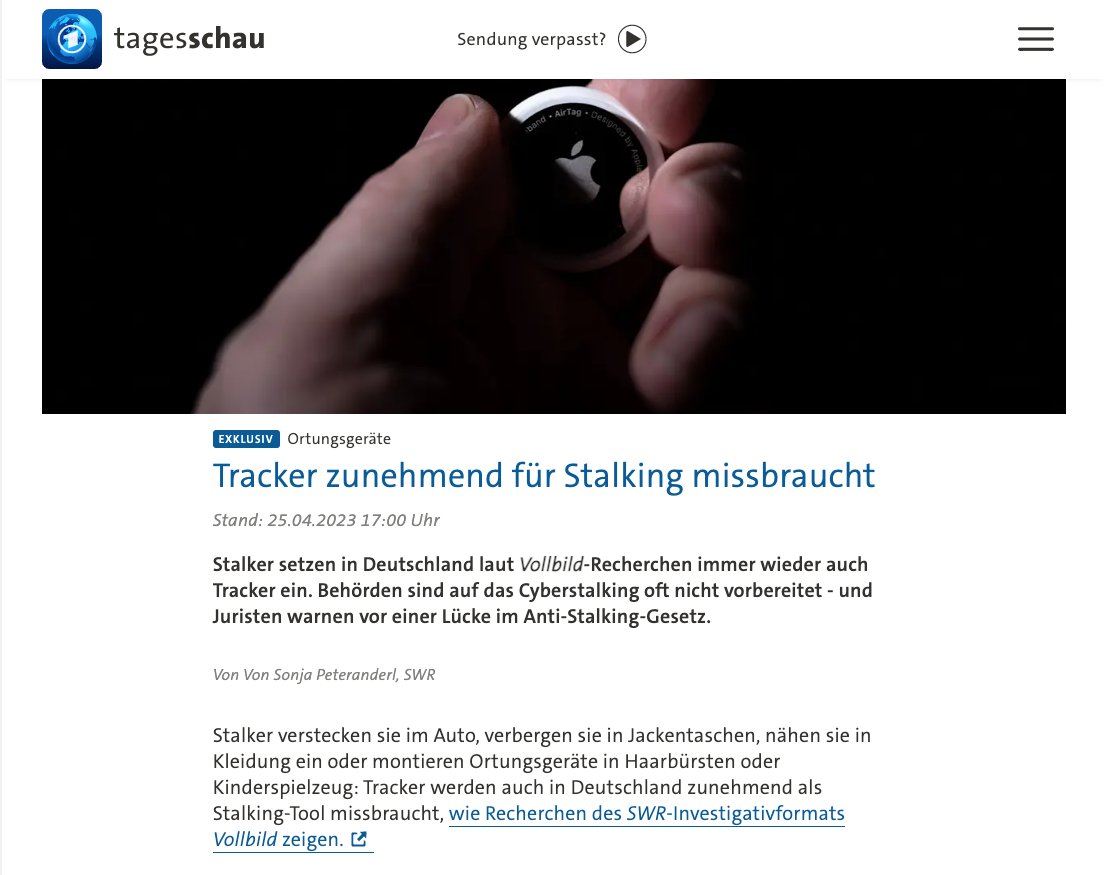 Tracker wie Apple #AirTags werden auch in Deutschland zunehmend als Stalking-Tool missbraucht. Behörden sind auf Cyberstalking oft nicht vorbereitet &amp; JuristInnen warnen vor einer Lücke im Anti-Stalking-Gesetz

Mein Bericht bei <a href="/tagesschau/">tagesschau</a>

tagesschau.de/investigativ/t… #digitalegewalt