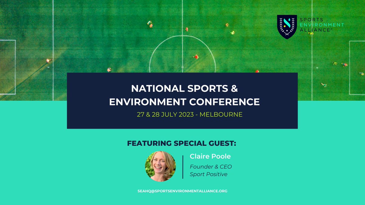 Sports Environment Alliance 🌏 (@sea_thechange) on Twitter photo We are delighted to invite you to our inaugural National Sports & Environment Conference, co-located with the <a href="/NSConvention/">National Sports & Physical Activity Convention</a> on 27 & 28 July 2023, in Melbourne, featuring special guest <a href="/claireypoole/">Claire Poole</a>, Founder and CEO of <a href="/SportPosSummit/">Sport Positive</a> I bit.ly/3oBhN5B
#NoPlanetNoPlay We are delighted to invite you to our inaugural National Sports & Environment Conference, co-located with the <a href="/NSConvention/">National Sports & Physical Activity Convention</a> on 27 & 28 July 2023, in Melbourne, featuring special guest <a href="/claireypoole/">Claire Poole</a>, Founder and CEO of <a href="/SportPosSummit/">Sport Positive</a> I bit.ly/3oBhN5B
#NoPlanetNoPlay
