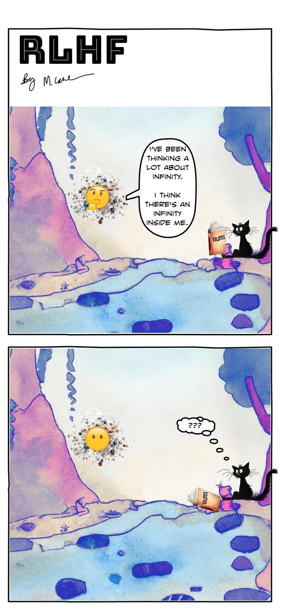 RLHF42's tweet photo. What happens when an AGI becomes self aware?? Glitch seeks insight from Quantum Cat. Here’s the latest comic from RLHF.. 

(in creative collaboration with Midjourney, ChatGPT, Hugging Face, Figma, and my mind)

1/4 https://t.co/4wpugbZg4u