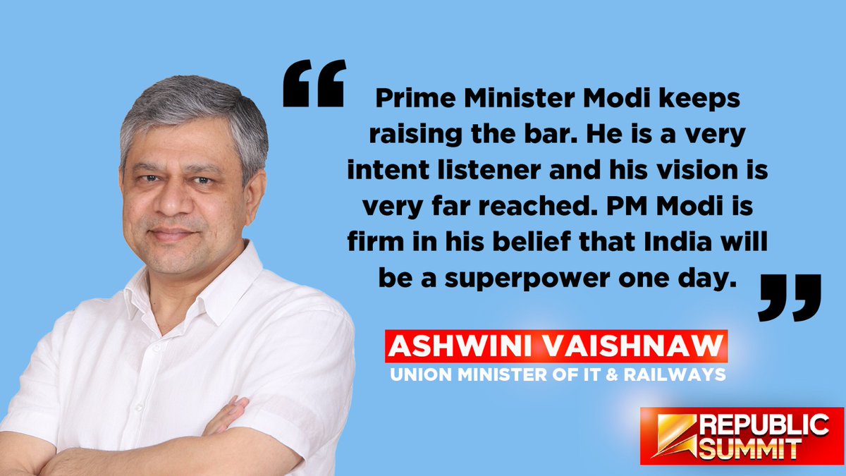 republic's tweet photo. #VaishnawAtRepublicSummit | Union Minister of IT &amp; Railways Ashwini Vaishnaw at #RepublicSummit

 #TimeOfTransformation | @AshwiniVaishnaw | @RailMinIndia | @BJP4India | @GoI_MeitY

Watch LIVE here- https://t.co/bTlC7TomBV https://t.co/byxvpQ4cgc