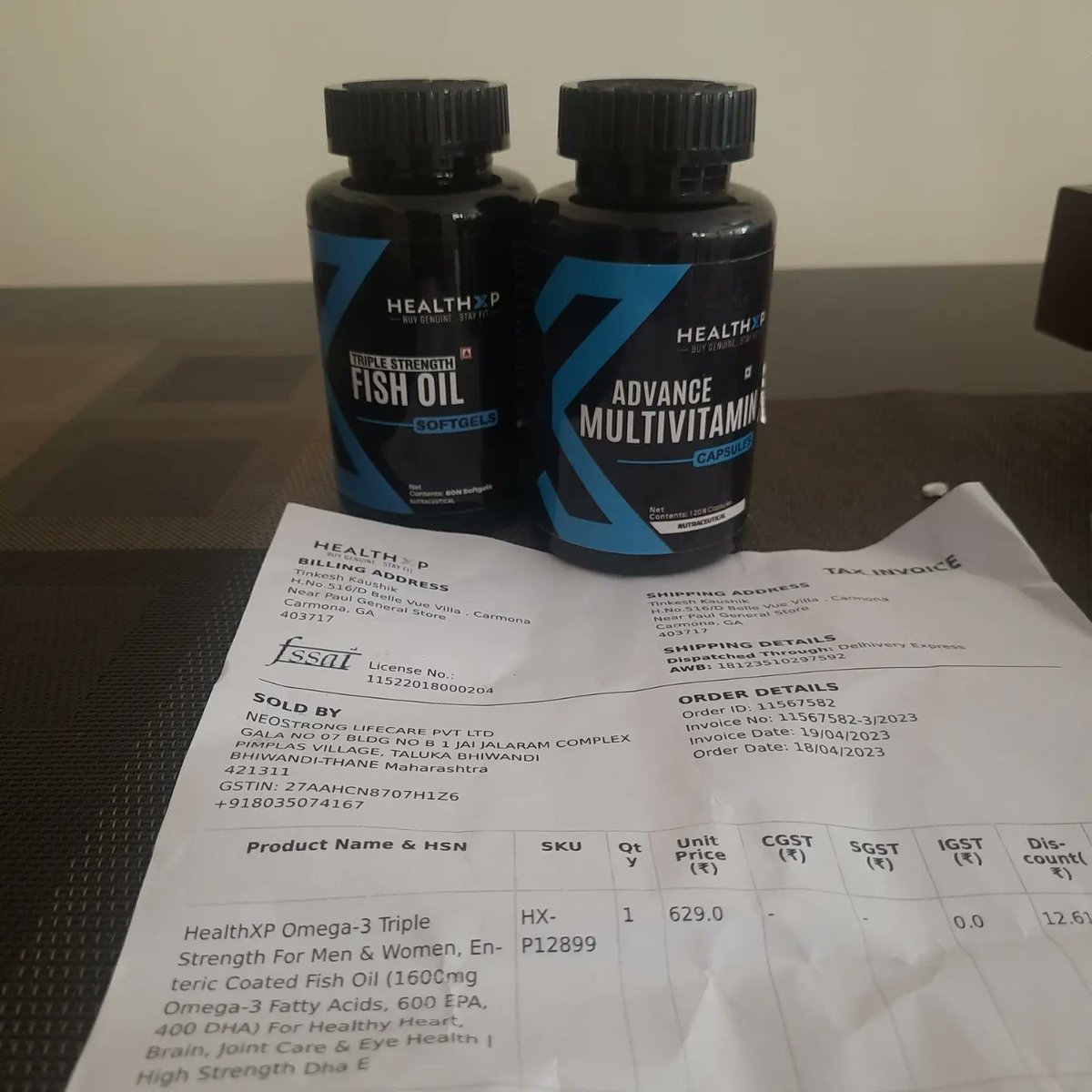 Tinkesh93's tweet photo. BEWARE OF @health_xp SCAM
 I ordered Advance Multivitamin and Triple strength Fish Oil from HEALTH XP and look at what I received. I hope @fssaiindia takes serious cognizance of the offence and seizes the expired and re- labelled products. 
SHAME ON YOU HEALTH XP https://t.co/Qh5u8hDMYt
