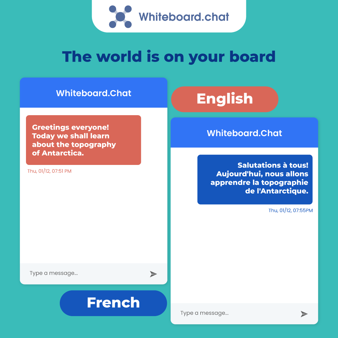 Break through the language barriers with Whiteboard.Chat. Its auto-translate feature allows you to have unified communication with your students without any hassle! Try Whiteboard.Chat for free! #TheBoardThatCares #Tutor #classroom #languages #translation