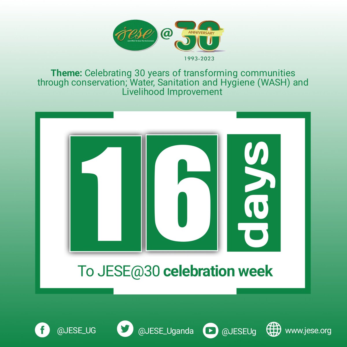 JESE_Uganda's tweet photo. Just 16 days to celebrate our 30 years of service. 1993-2023. #JESEAt30 https://t.co/IOnOIu5nxC