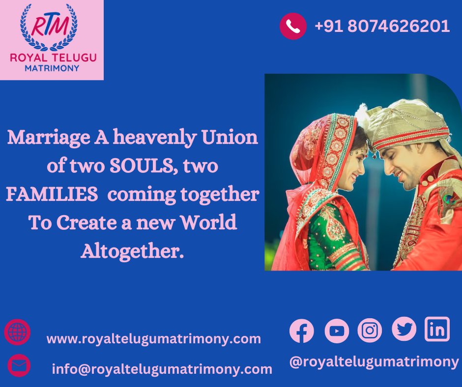 RT_Matrimony's tweet photo. #Marriage A heavenly Union of two #SOULS, two #FAMILIES coming together To Create a new World Altogether.
Register Today:
📷 8074626201
📷 https://t.co/CxtNzmpKGI
📷 info@royaltelugumatrimony.com
#royaltelugumatrimony #perfectlifepartners #guntur #RTM #brides #grooms #lifepartner https://t.co/SAQmdxjNys