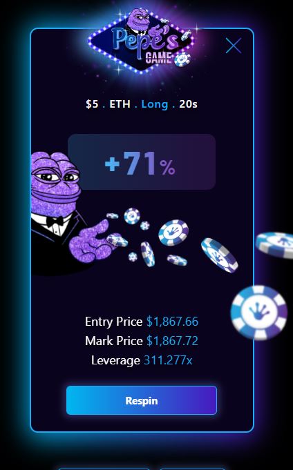 gitsmol's tweet photo. Check out this insane leverage I got on @PepesGame earlier! 🐸📈 #plsPEGme 

I just played for quite a while and it cost me about $0.50 in total. I was on quite a run for a bit. 

It's degen AF but a lot of fun. Nice UI. Glad I checked it out. https://t.co/W1D1TNqpvh