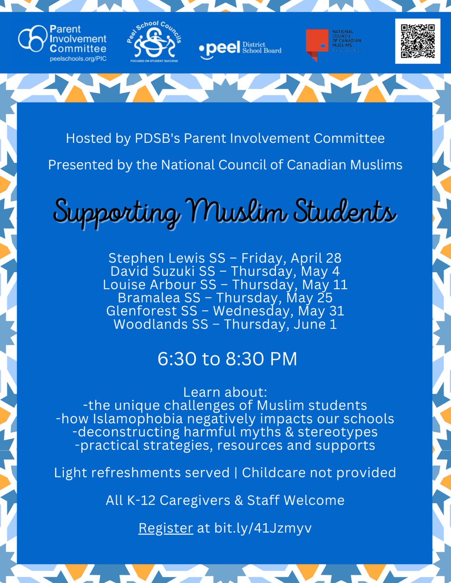 Proud to host parent workshops presented by @nccm

'Supporting Muslim Students'

Please register at this link:  docs.google.com/forms/d/e/1FAI…

#PeelFam #ParentInvolvement #ParentEngagement #PeelDistrictSchoolBoard