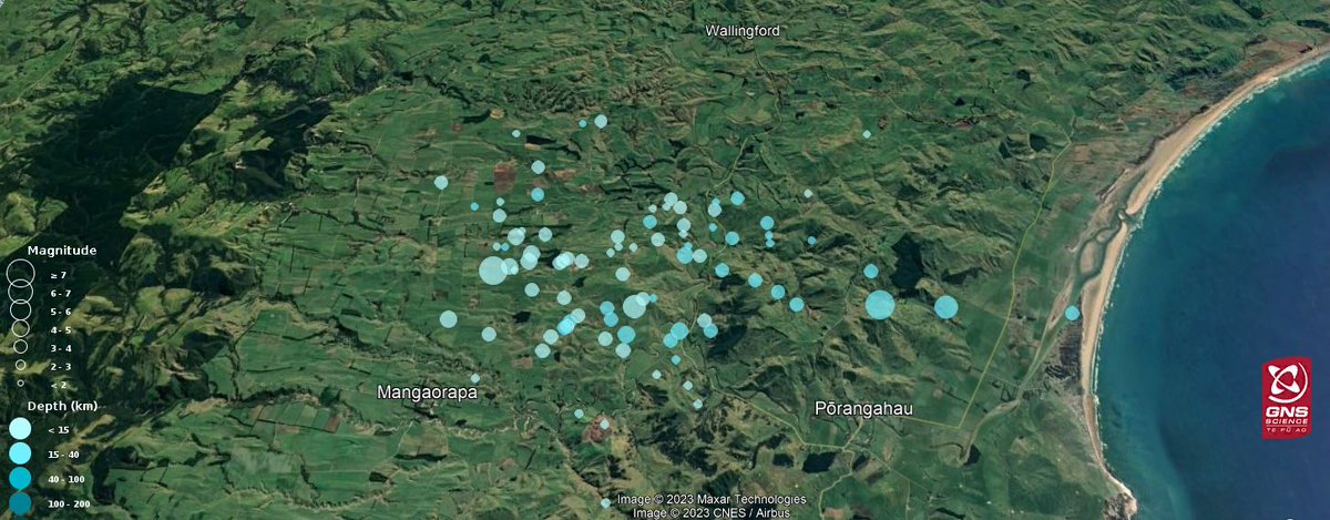 geonet's tweet photo. There have now been 87 earthquakes in the sequence following the M5.9 quake in Pōrangahau this morning. This is an area that does experience frequent earthquake activity &amp; this number of aftershocks is typical for events of this magnitude. Read more here: https://t.co/k3IYPUV7iQ https://t.co/cnzcLMD5T4
