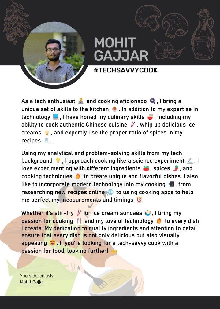 _mohitgajjar's tweet photo. 👨‍💻🍳 Tech by day, chef by night! I'm not just a pro with code, I'm also a cooking enthusiast 🍲🍦My secret ingredient? A dash of science and a pinch of passion 🧪🌶️ Whether it's Chinese cuisine or homemade ice cream, I love pushing culinary boundaries 🔥🍴 #TechieChef #FoodieLife https://t.co/c23CgrBZjR
