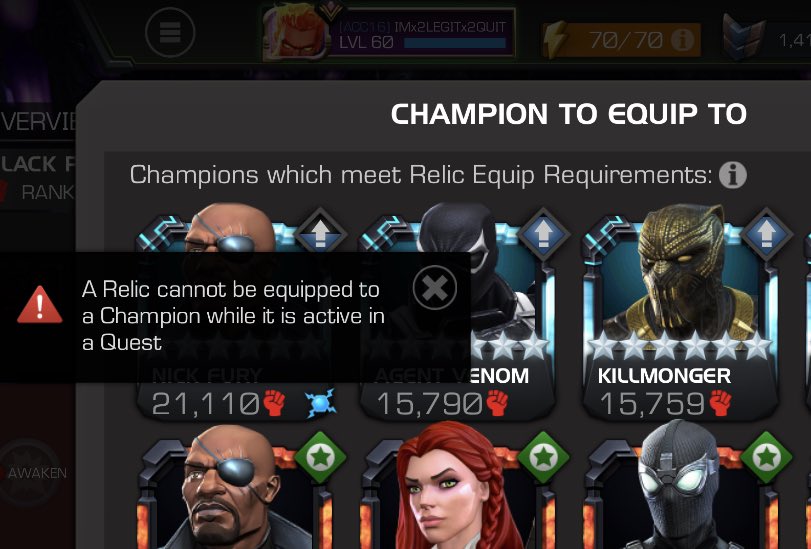 MCOC_Eric's tweet photo. Anybody else gave this issue when trying to bind a relic? I don’t have any quest of any kind going right now. https://t.co/q0BYXKD60g