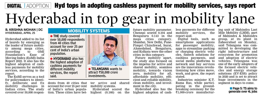 MinisterKTR's tweet photo. #HappeningHyderabad emerged as the leader of future mobility among mega cities, according to OMI Foundation's Ease of Moving Index. 

 The  study covered 50,000 respondents from 40 cities. 

🔝The city also has the highest adoption of cashless payments for mobility services. https://t.co/YJioFSddFf