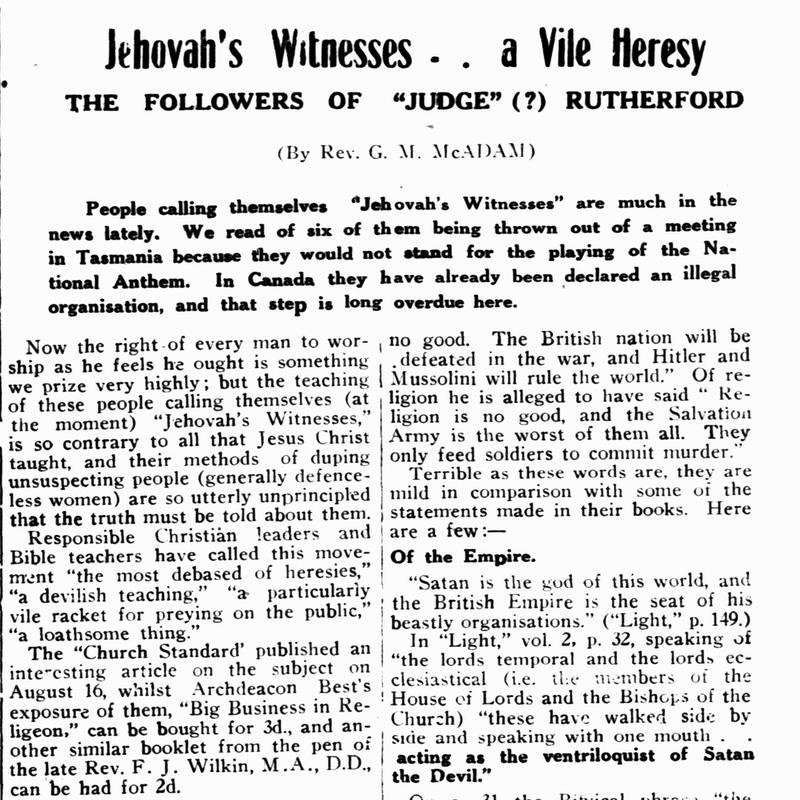TroveNewsBot's tweet photo. Found! 10 Oct 1940: 'Jehovah's Witnesses  a Vile Heresy THE FOLLOWERS OF "JUDGE" (?) RUTHERFORD', Great Southern Advocate, https://t.co/vRak0SpQwI https://t.co/hLK35Gj3pV