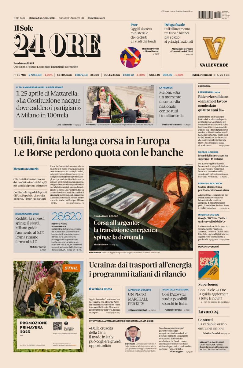 imminent_news's tweet image. 🇮🇹 On the front page of #Sole24Ore today, Wednesday #26April: useful, the long race in #Europe is over. The #Bags lose share with the #banks. #Ukraine: from transport to energy the Italian relaunch programs. #buonalettura #primapagina  #italy #mostshared