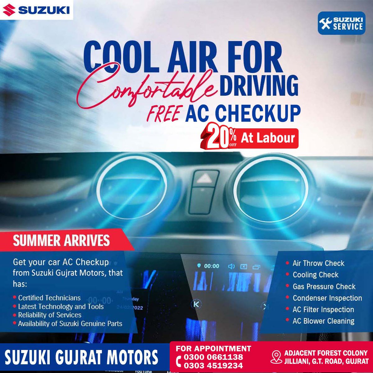 suzukigujratpk's tweet image. 𝗙𝗿𝗲𝗲 𝗔𝗖 𝗖𝗵𝗲𝗰𝗸𝘂𝗽 &amp;amp; 𝗚𝗲𝘁 𝟮𝟬% 𝗢𝗳𝗳 𝗔𝘁 𝗟𝗮𝗯𝗼𝘂𝗿 (𝗟𝗶𝗺𝗶𝘁𝗲𝗱 𝗧𝗶𝗺𝗲 𝗢𝗳𝗳𝗲𝗿)
For appointments, please visit or call us now!

#Suzuki #ACCheckup #SuzukiService #Genuine #SuzukiCenterGujrat #SuzukiGujratMotors #AuthorizedDealership #SuzukiPakistan