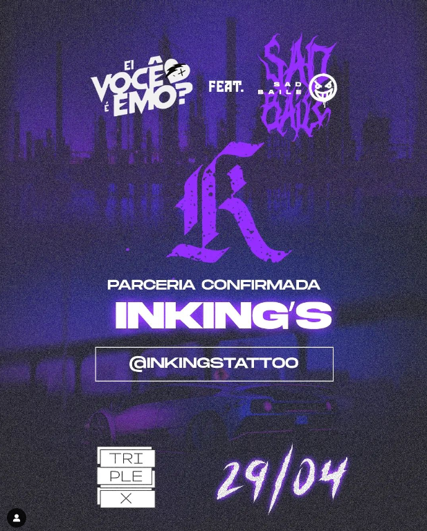 sadbaile's tweet photo. MAIS UMA PARCERIA CONFIRMADA 💜

Essa edição fechamos com o estúdio @inkingstattoo para trazer para vocês os melhores flashs diretamente para sua pele ☠️

Já garantiu seu ingresso para o Sad baile? 🎫 Logo viraremos de lote, se eu fosse você corria para garantir o seu! 👾 https://t.co/VhqJTdz4vV