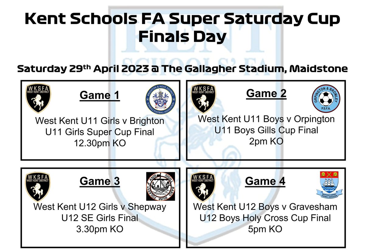 Kent Schools FA Super Saturday 

4 games, 4 finals, 4 West Kent teams!!

We can’t wait! 

Schools Rep Football. A Special and Unique Experience ⚽️ <a href="/kentschools_fa/">Kent Schools FA</a> 

<a href="/bhdsfa/">Brighton & Hove District Schools FA</a> 
<a href="/odpsfa/">O&BPSFA</a> 
@ShepwaySFA 
<a href="/_GSFA/">Gravesham Schools FA</a>
