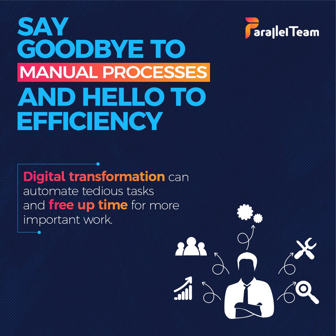 parallel_team's tweet photo. Say goodbye to manual processes and hello to efficiency! Digital transformation can automate tedious tasks and free up time for more important work. #improvedprocesses #automation #digitaltransformation #parallel_team https://t.co/mP84rCVLD0