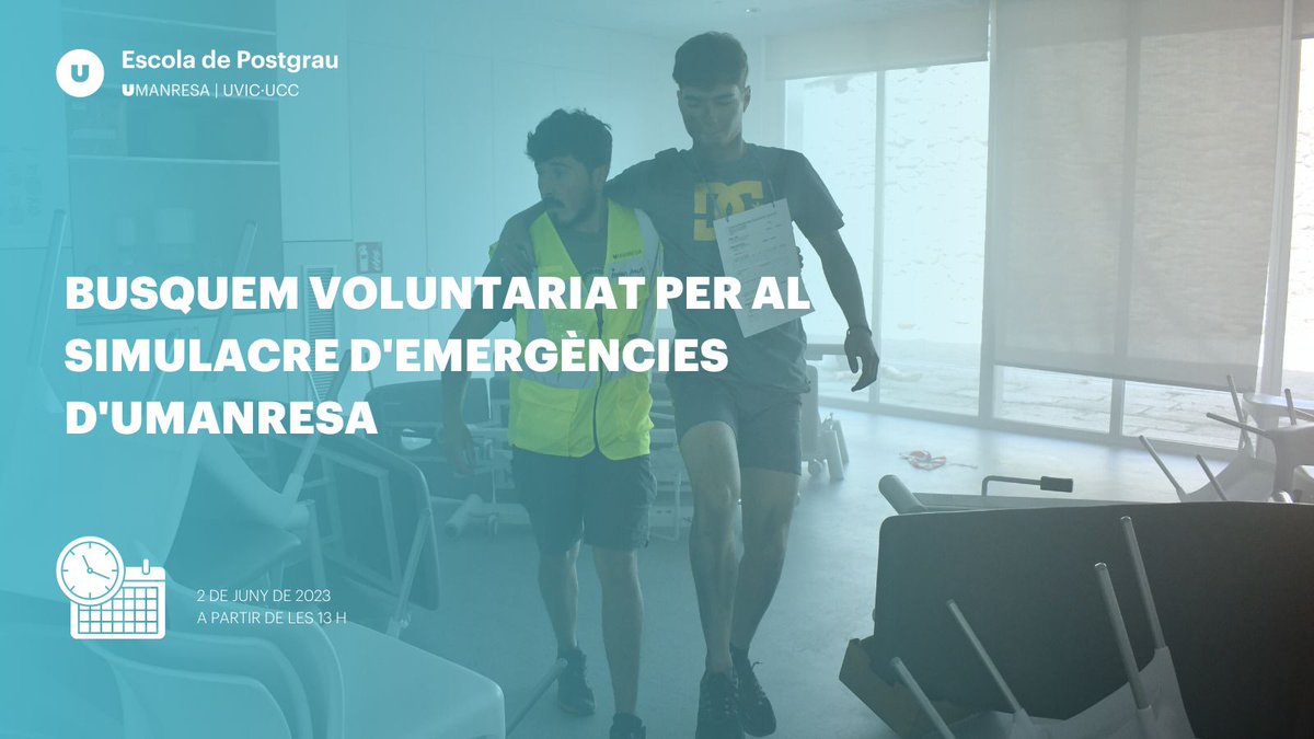 UManresa's tweet photo. 📢 Vols participar en el simulacre d'emergències d'UManresa fent el paper de víctima?
🗓️ 2 de juny
⌚️A partir de les 13 h
✍️https://t.co/cmbvonzbpP https://t.co/BJkaBg2TX6