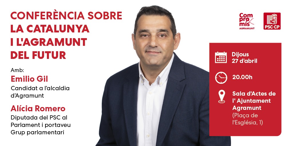 🔴Conferència sobre la Catalunya i l'Agramunt del futur amb

🙋🏽‍♂️Emilio Gil, candidat a l'alcaldia d'Agramunt
🙋🏽‍♀️ @aliciarll , diputada al Parlament i portaveu del grup @socialistes_cat 

🗓️Dijous, 27 d'abril  

🕗 20.00 h

#PSC / ❤️ #EnMarxa