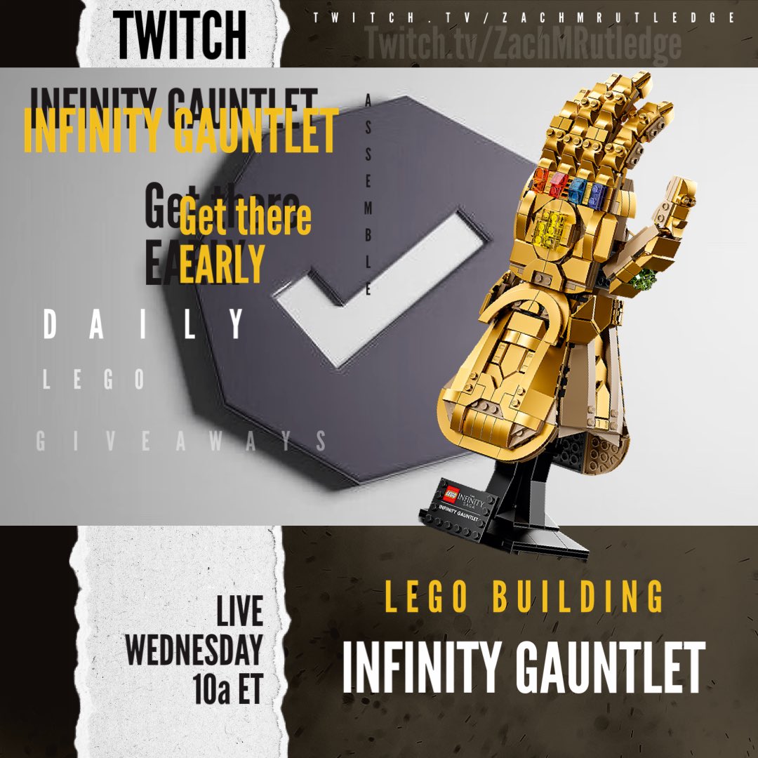 🚨Live Wednesday at 10a ET w/ a BIG ANNOUNCEMENT to begin stream on <a href="/Twitch/">Twitch</a> 🚨

@lego building the #Marvel Infinity Gauntlet with a giveaway to end stream!

❗️50 #Retweets and I will double the #Lego #Giveaway ❗️

Join the fun at the link below!
>> twitch.tv/ZachMRutledge <<